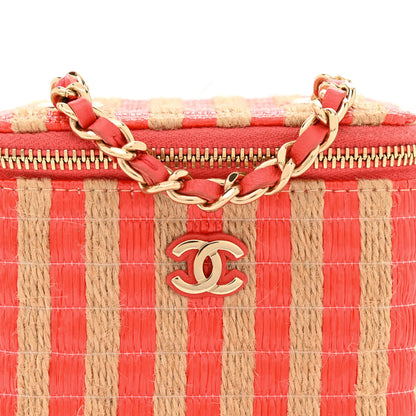 Chanel Raffia Jute Striped Mini Vanity Case With Chain Red Beige 7 of 10