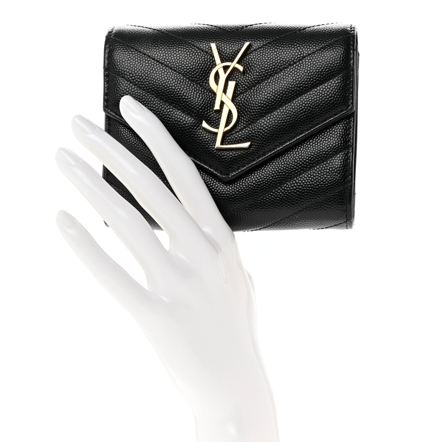 Grain De Poudre Matelasse Chevron Monogram Compact Tri Fold Wallet Black