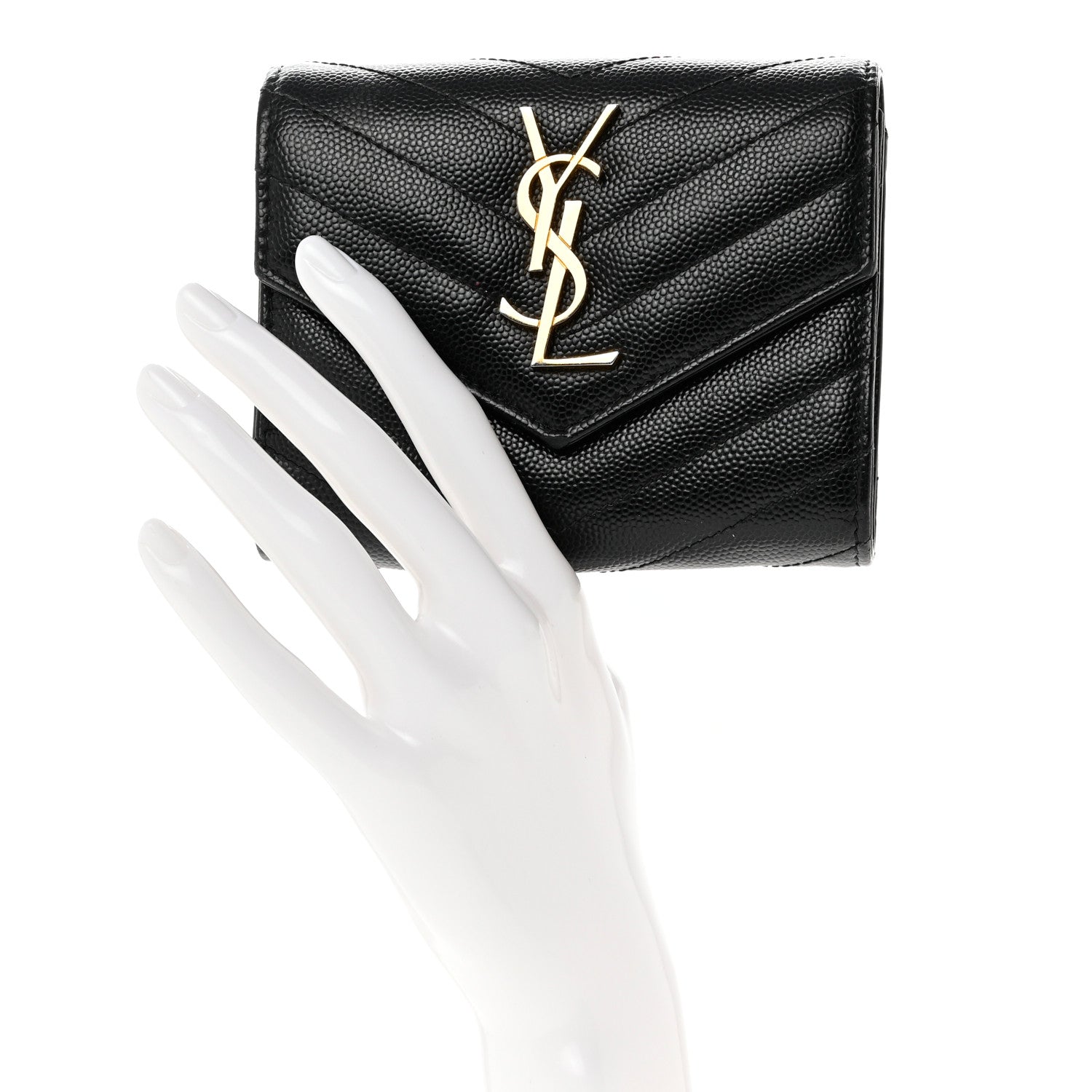 Saint Laurent Grain De Poudre Matelasse Chevron Monogram Compact Tri Fold Wallet Black 2 of 7