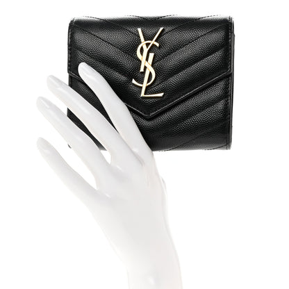 Saint Laurent Grain De Poudre Matelasse Chevron Monogram Compact Tri Fold Wallet Black 2 of 7
