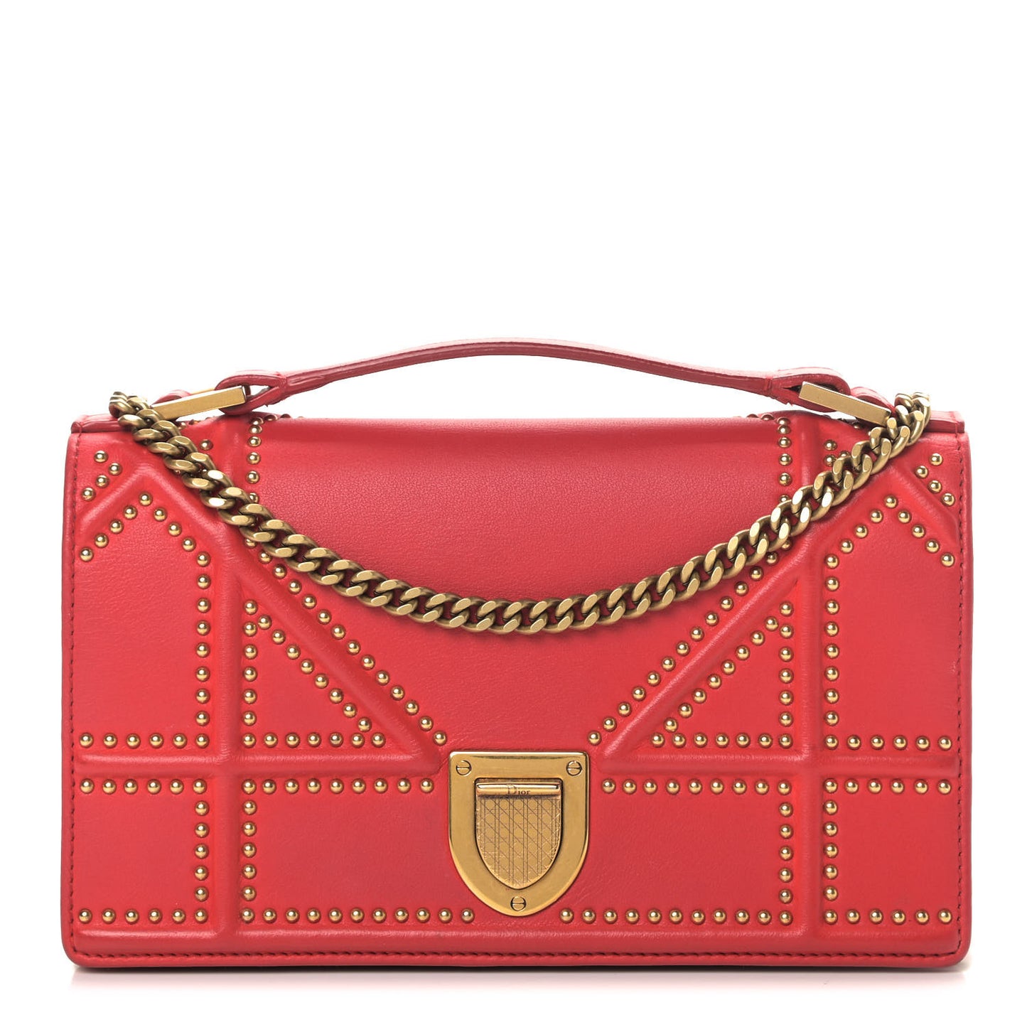 Calfskin Studded Diorama Top Handle Wallet on Chain Pouch Red