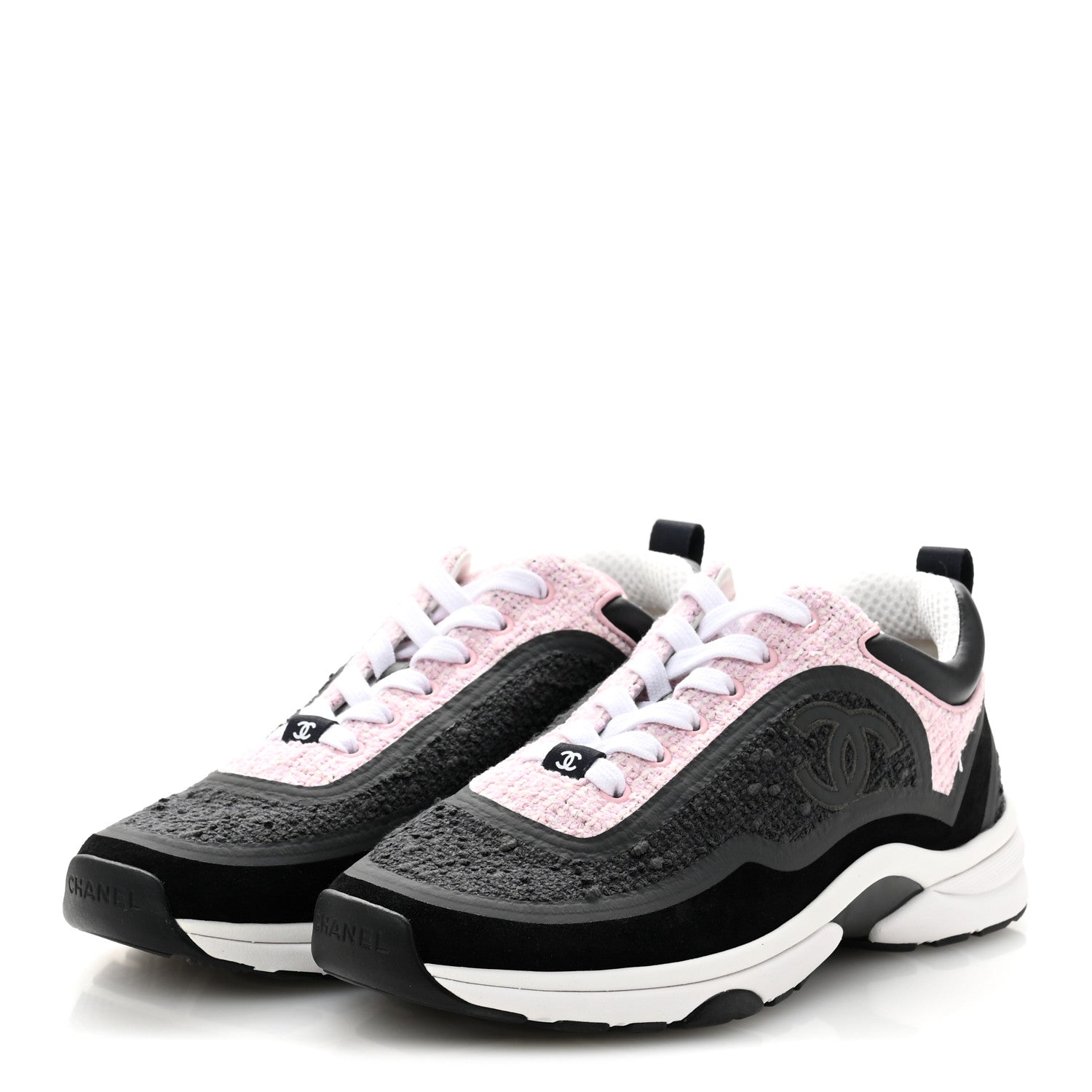 Chanel Tweed Suede Calfskin CC Sneakers 38.5 Gray Pink 4 of 9