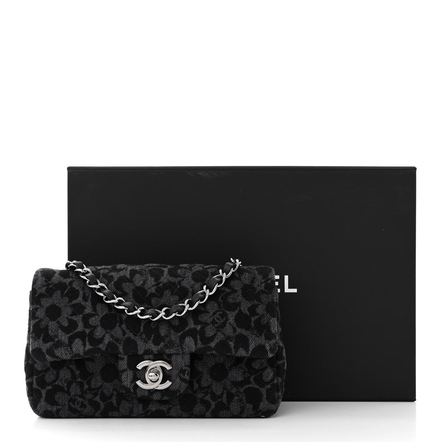 Printed Denim Quilted Flower Mini Rectangular Flap Black