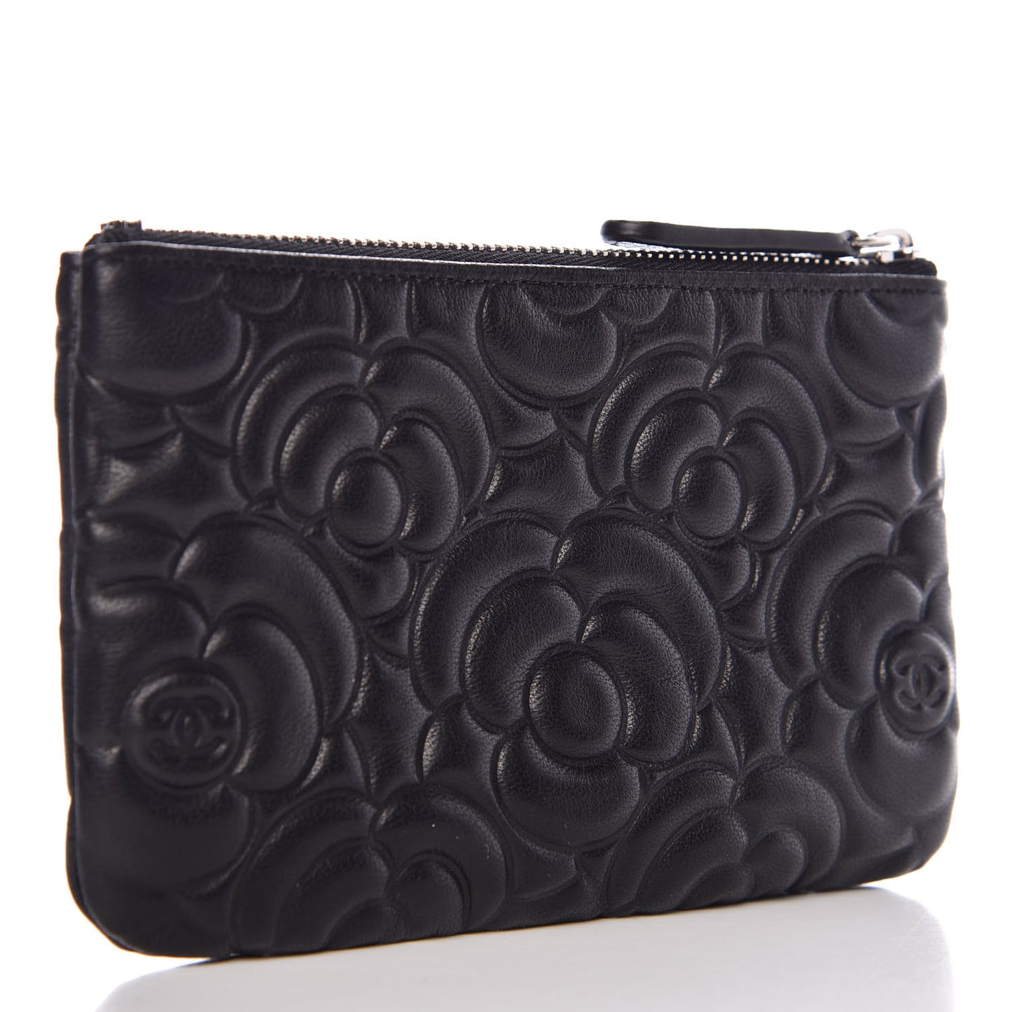 Goatskin Camellia Embossed Cosmetic Pouch Black