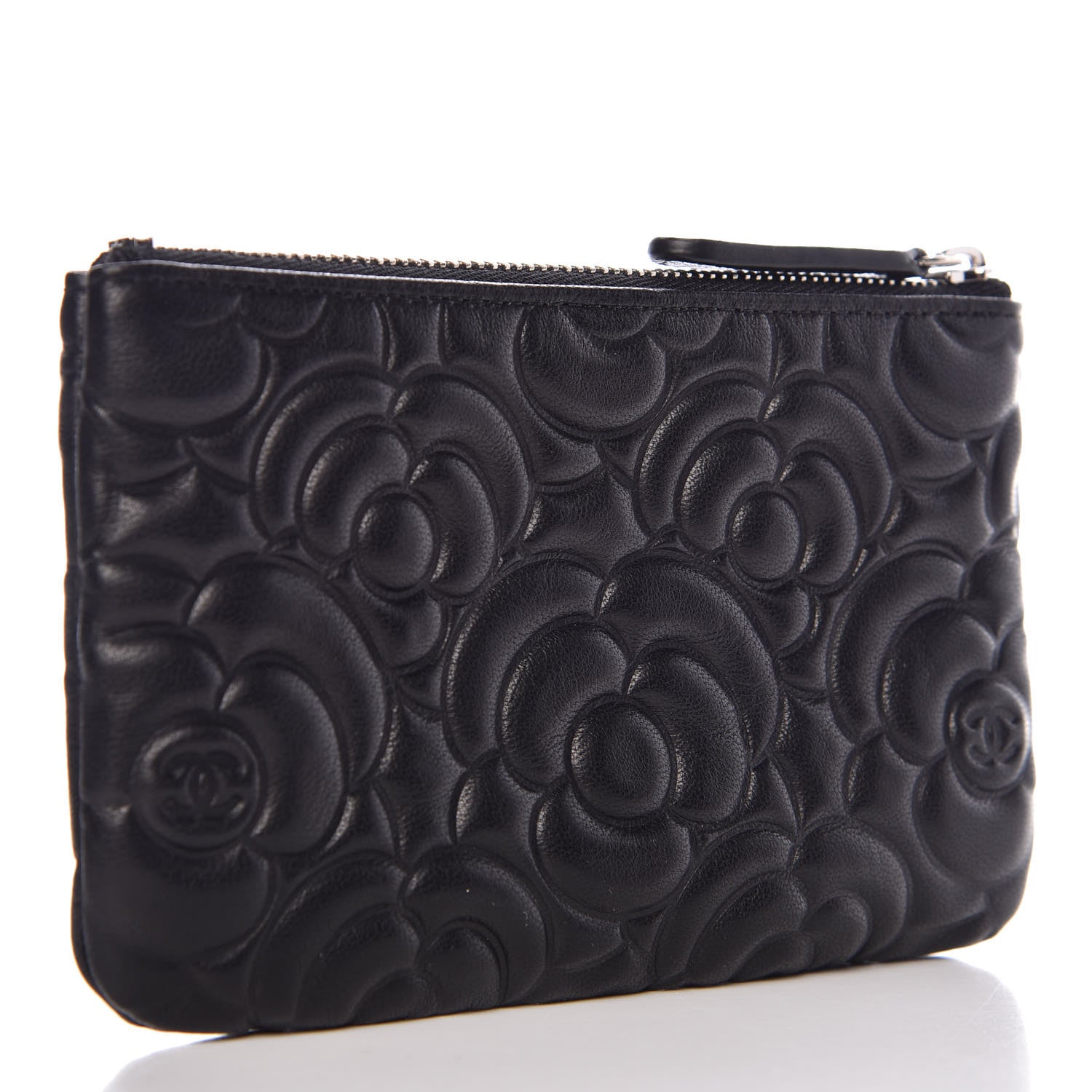Chanel Goatskin Camellia Embossed Cosmetic Pouch Black 3 of 10