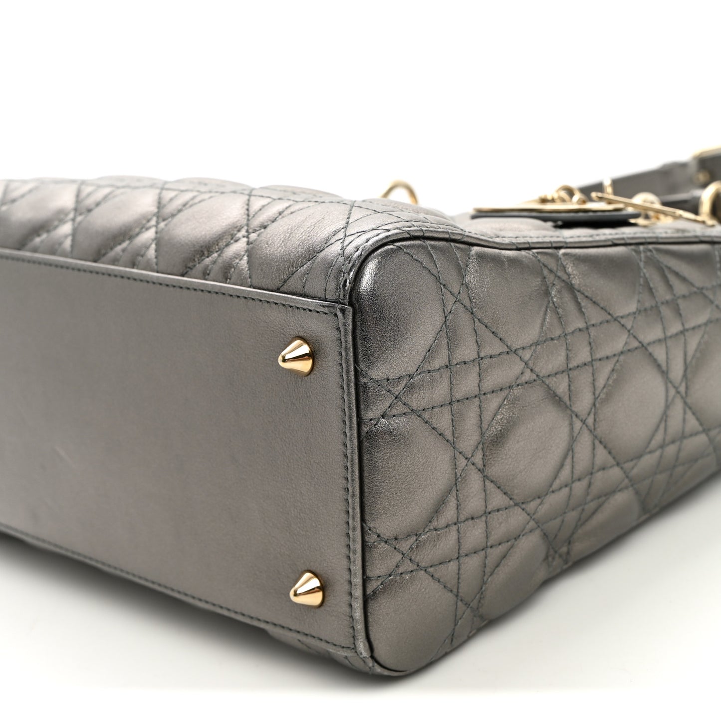 Metallic Calfskin Cannage Medium Lady Dior Gunmetal Grey