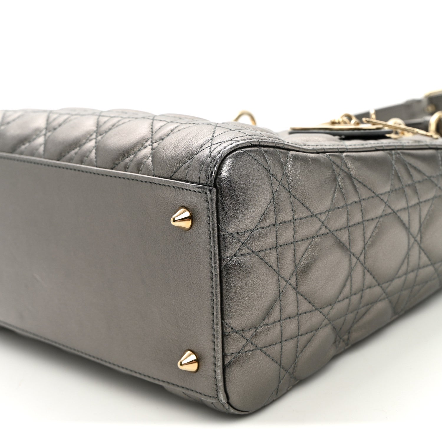 Christian Dior Metallic Calfskin Cannage Medium Lady Dior Gunmetal Grey 10 of 10