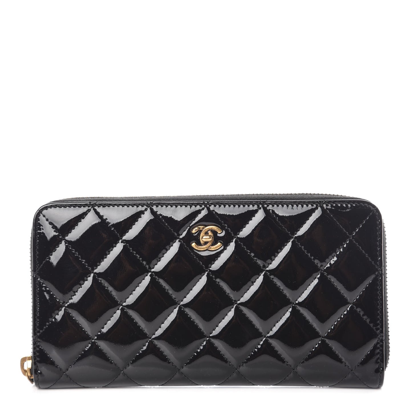 Patent Quilted Large Gusset Zip Around Wallet Black