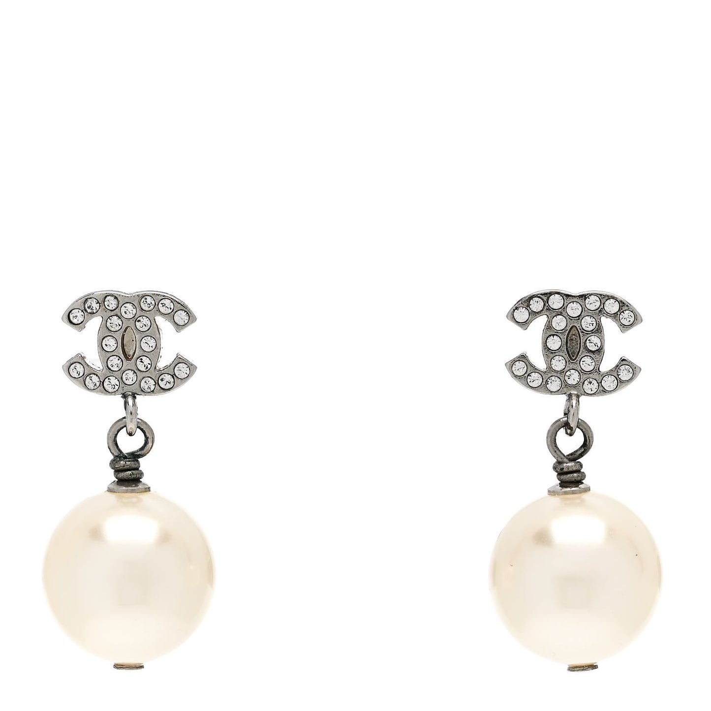 Crystal Pearl CC Drop Earrings Silver Pearly White