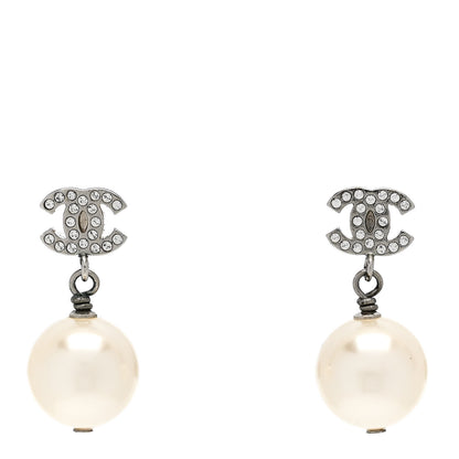 Chanel Crystal Pearl CC Drop Earrings Silver Pearly White 1 of 5