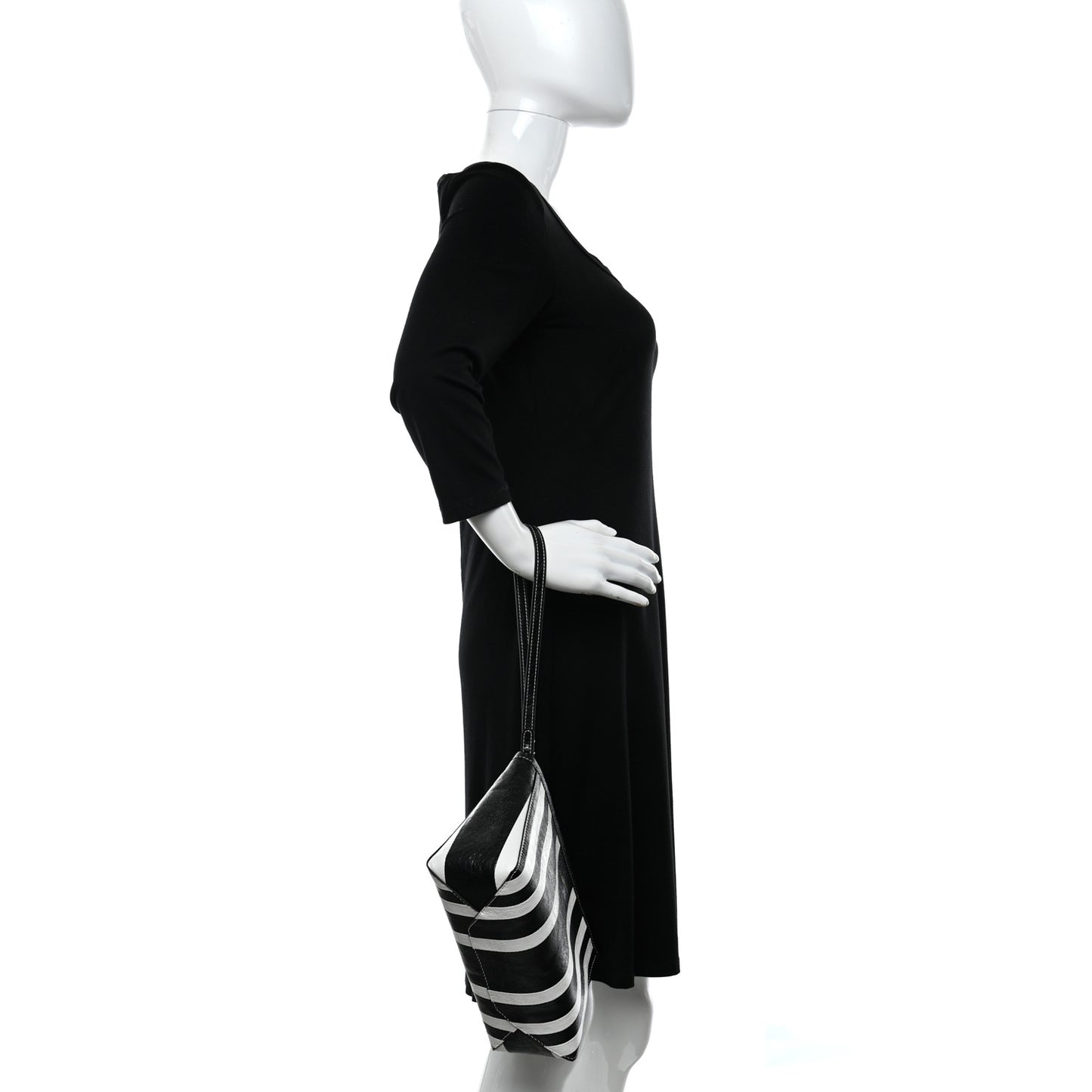 Agneau Arena Striped Patchwork Small Barbes Z Pouch with Handle Black White
