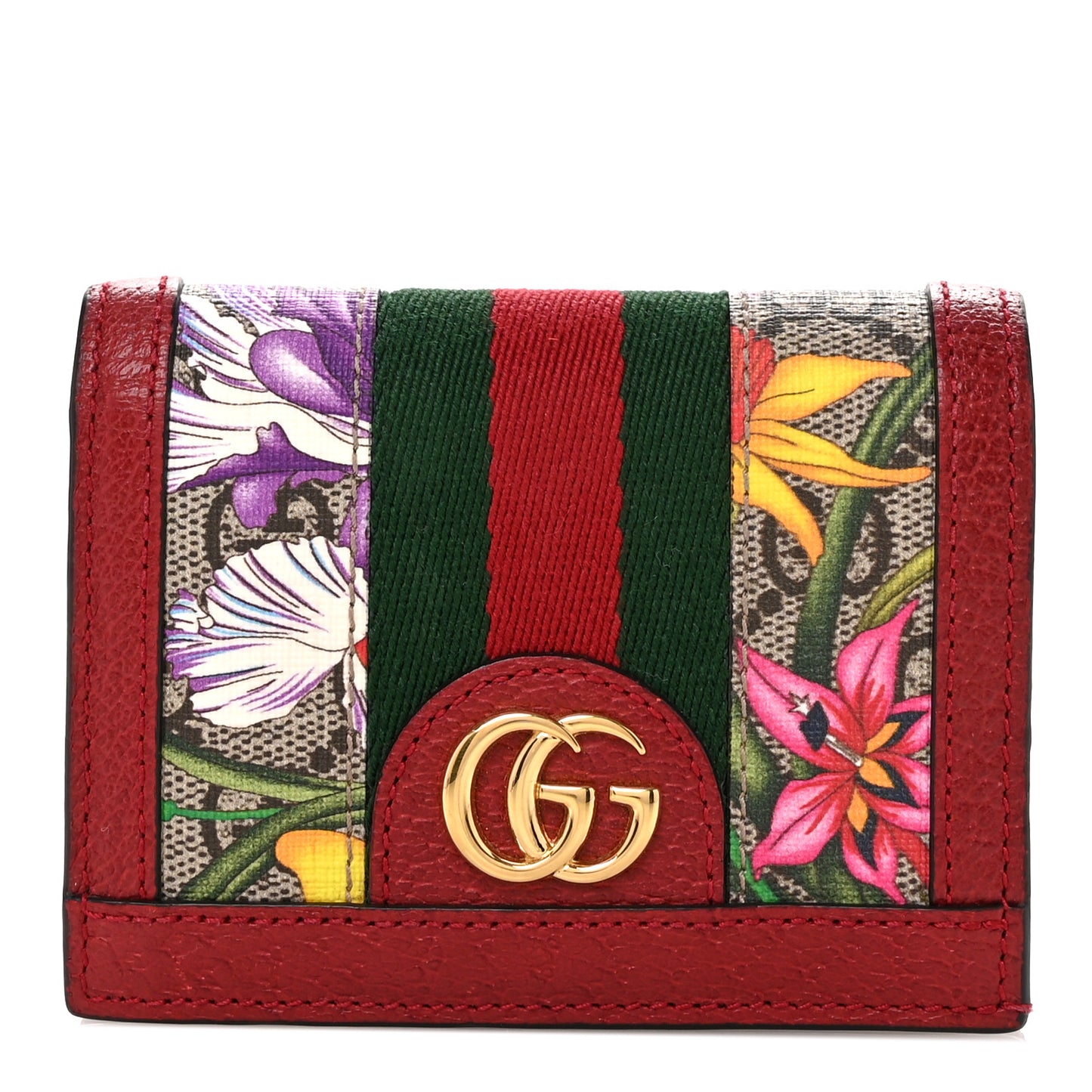 GG Supreme Monogram Flora Web Ophidia Card Case Red