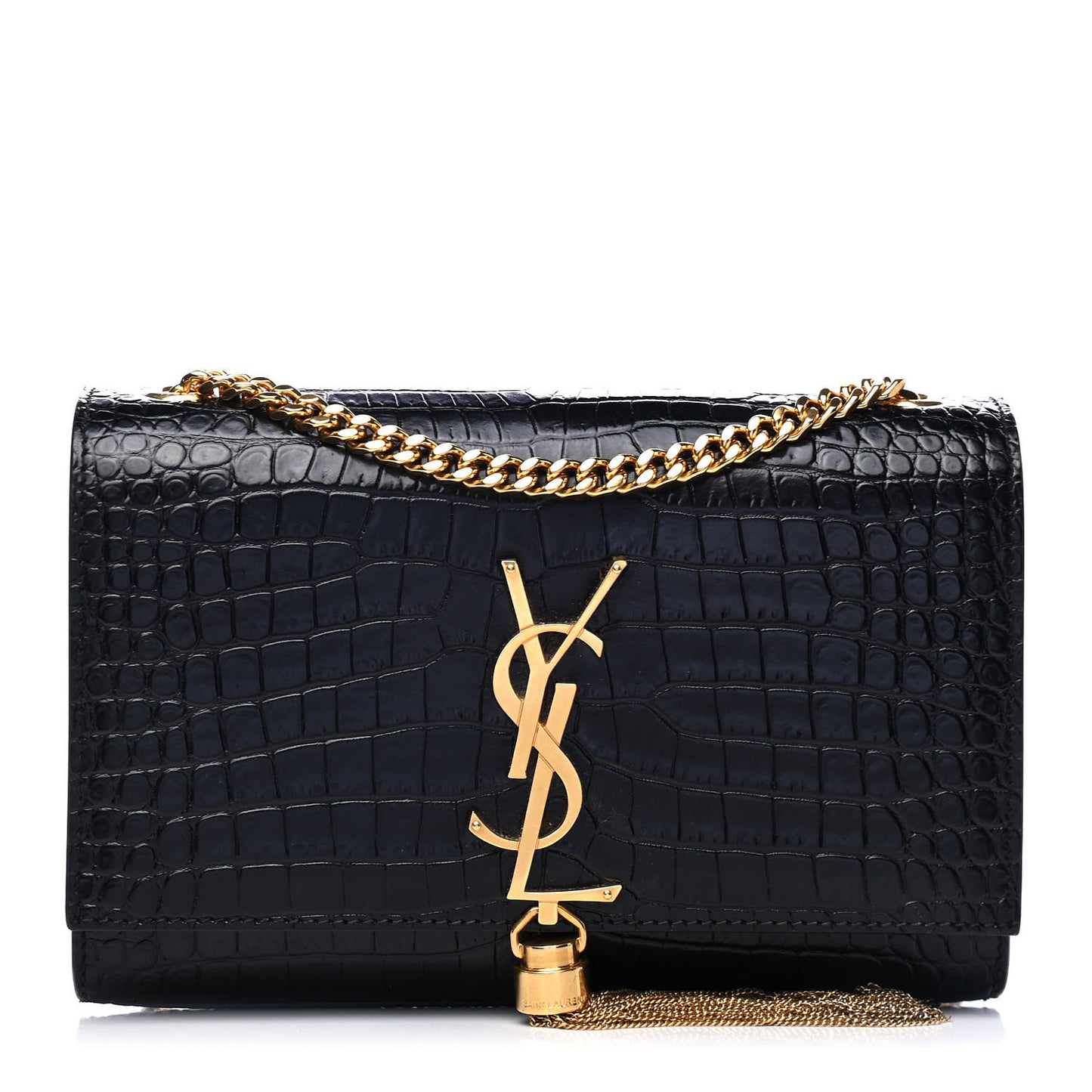 Calfskin Crocodile Embossed Small Classic Monogram Kate Tassel Satchel Black