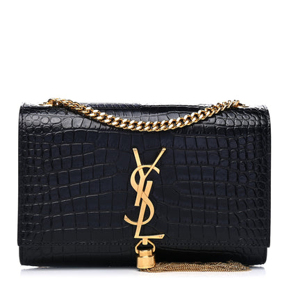 Saint Laurent Calfskin Crocodile Embossed Small Classic Monogram Kate Tassel Satchel Black 1 of 4