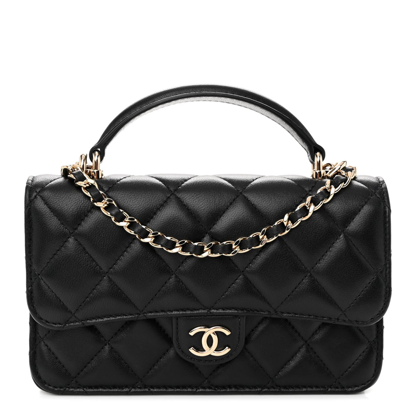Lambskin Quilted Flap Phone Holder With Chain Black