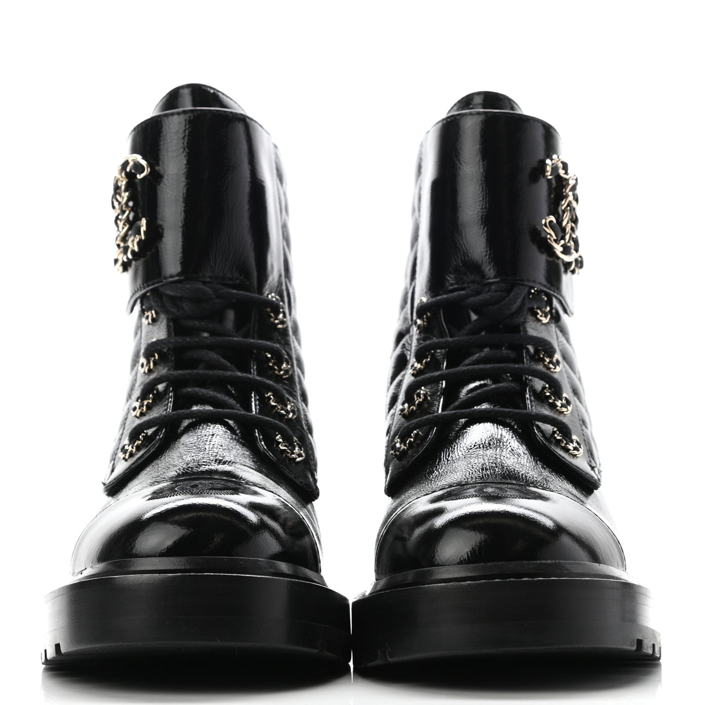 Shiny Calfskin Quilted Lace Up Combat Boots 39 Black