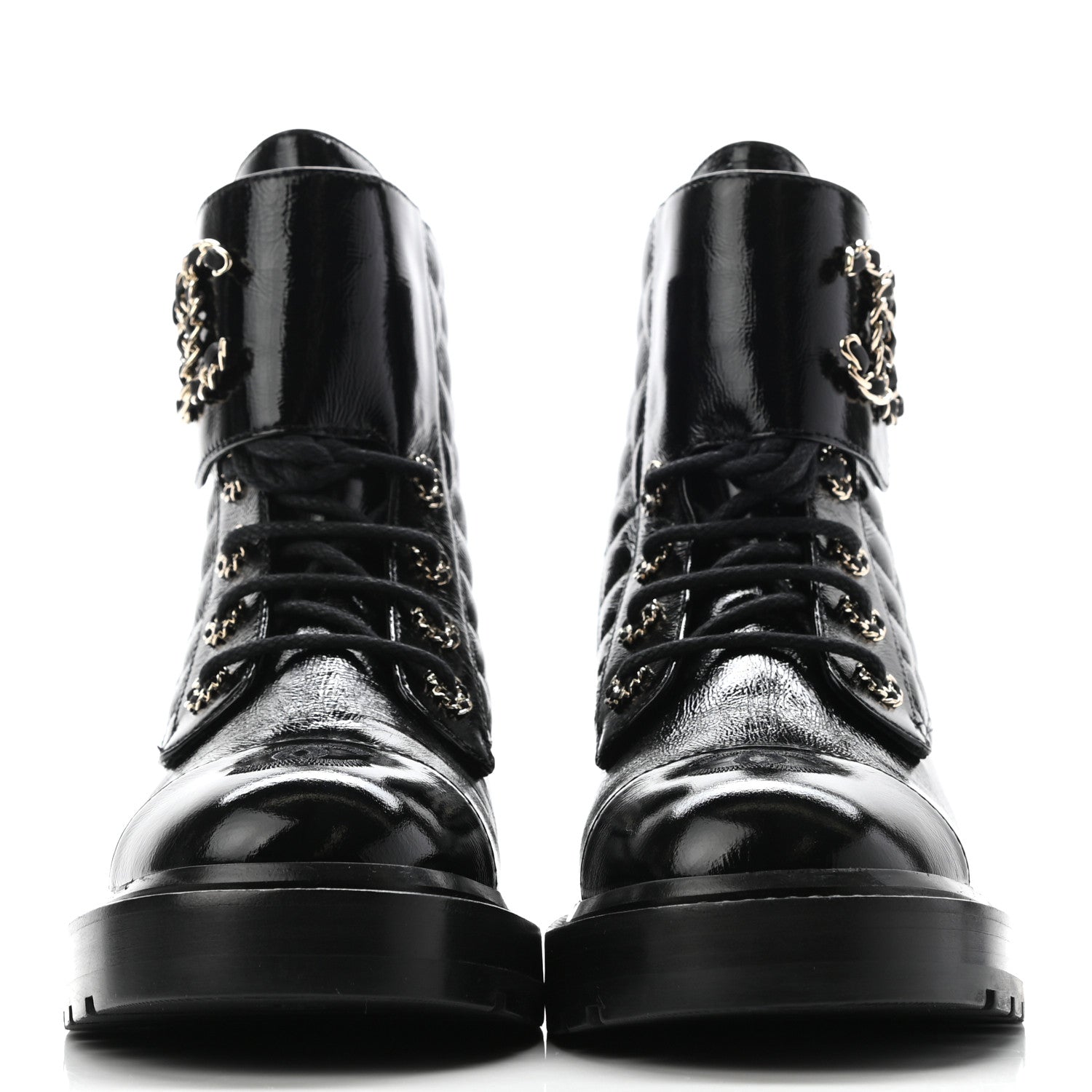 Chanel Shiny Calfskin Quilted Lace Up Combat Boots 39 Black 2 of 12