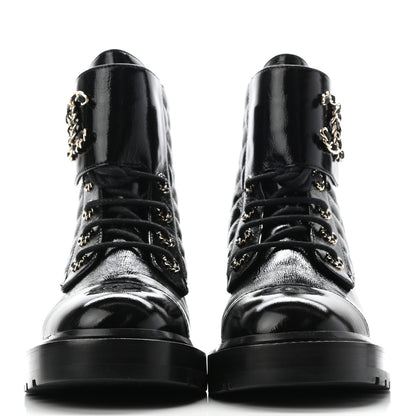 Chanel Shiny Calfskin Quilted Lace Up Combat Boots 39 Black 2 of 12