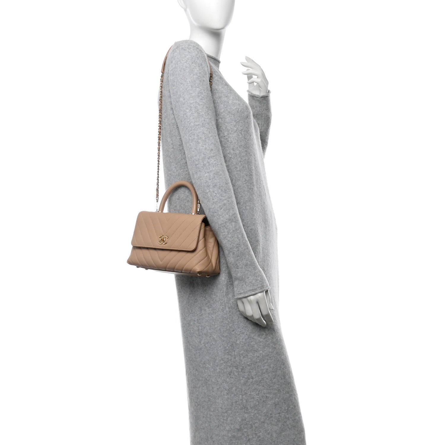 Chanel Caviar Chevron Quilted Mini Coco Handle Flap Beige 2 of 10