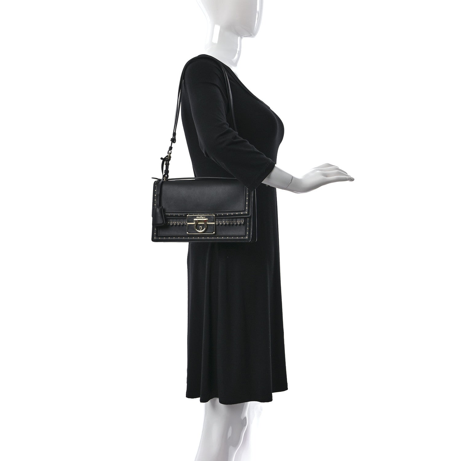 Salvatore Ferragamo Smooth Calfskin Studded Aileen Gancio Lock Shoulder Bag Black 2 of 8