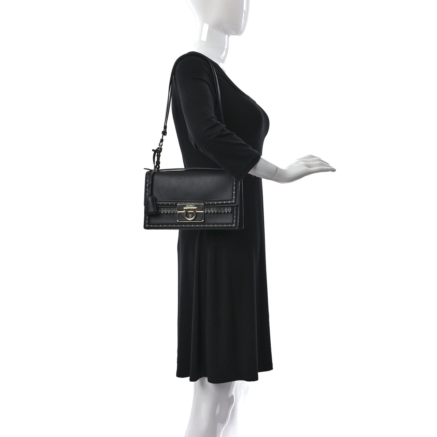 Smooth Calfskin Studded Aileen Gancio Lock Shoulder Bag Black