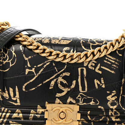 Chanel Calfskin Crocodile Embossed Graffiti Cocodile Medium Boy Flap Black 8 of 15