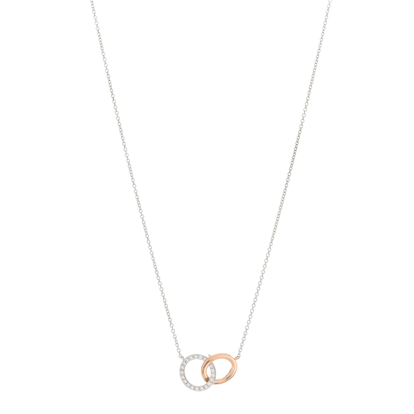18K White Rose Gold Diamond Double Interlocking Circles Pendant Necklace