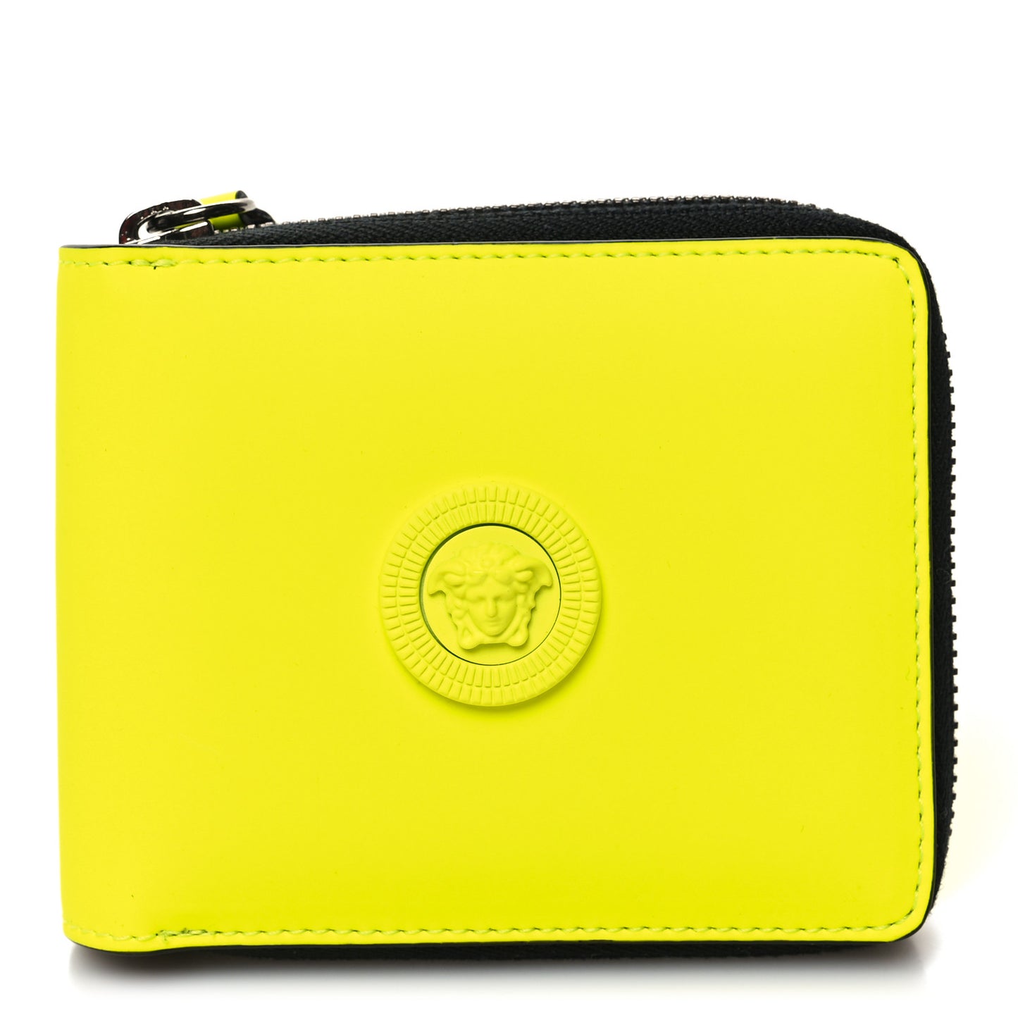 Calfskin Rubber Medusa Biggie Bifold Compact Zip Around Wallet Fluorescent Yellow