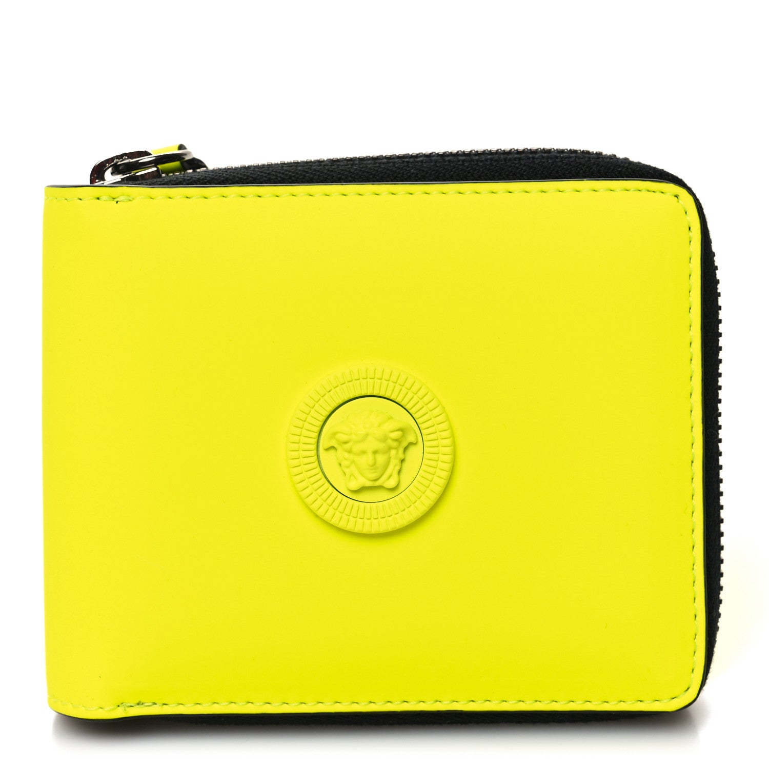 Versace Calfskin Rubber Medusa Biggie Bifold Compact Zip Around Wallet Fluorescent Yellow 1 of 8