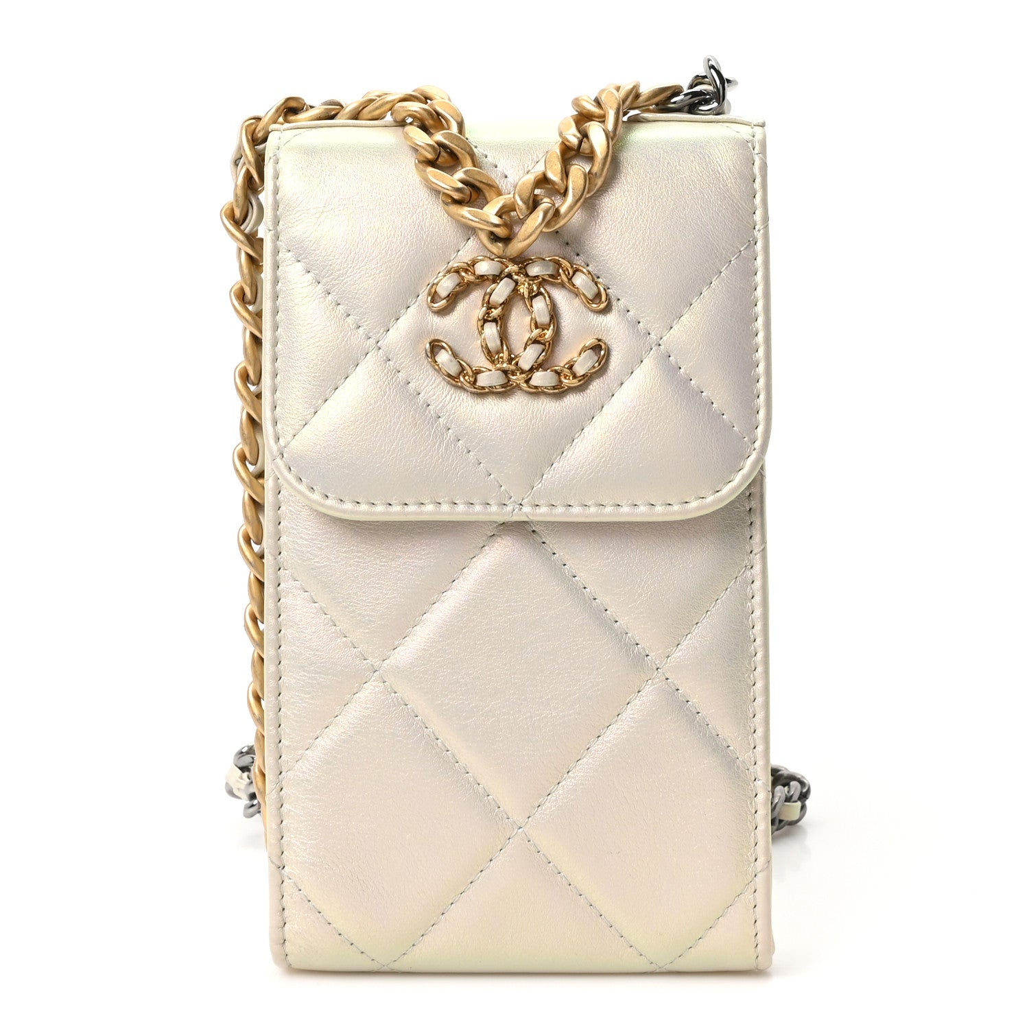 Chanel Iridescent Calfskin Quilted Chanel 19 Phone Holder With Chain White 1 of 10