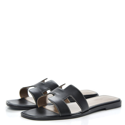 Hermes Box Calfskin Oran Sandals 37 Black 3 of 9