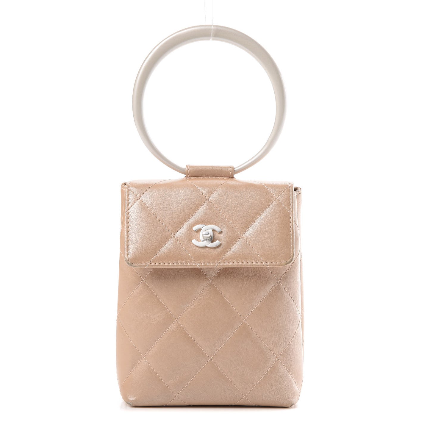 Iridescent Lambskin Quilted Round Handle Mini Flap Beige