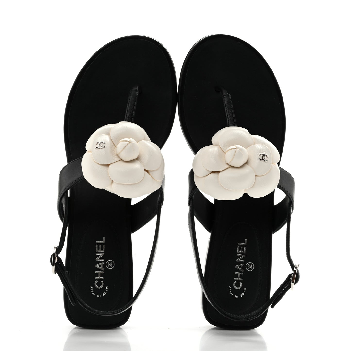 Lambskin Camellia Thong Sandals 36.5 Black White