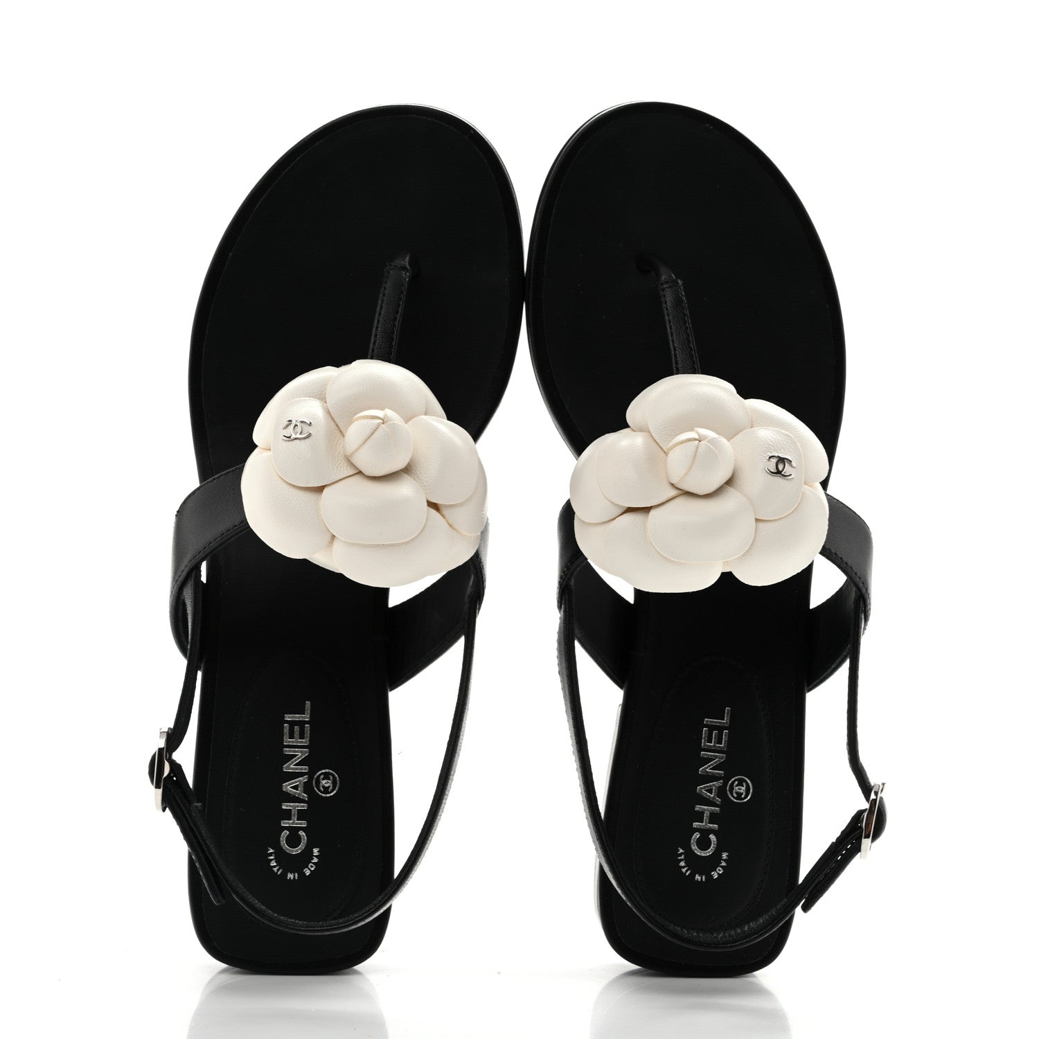 Chanel Lambskin Camellia Thong Sandals 36.5 Black White 2 of 10
