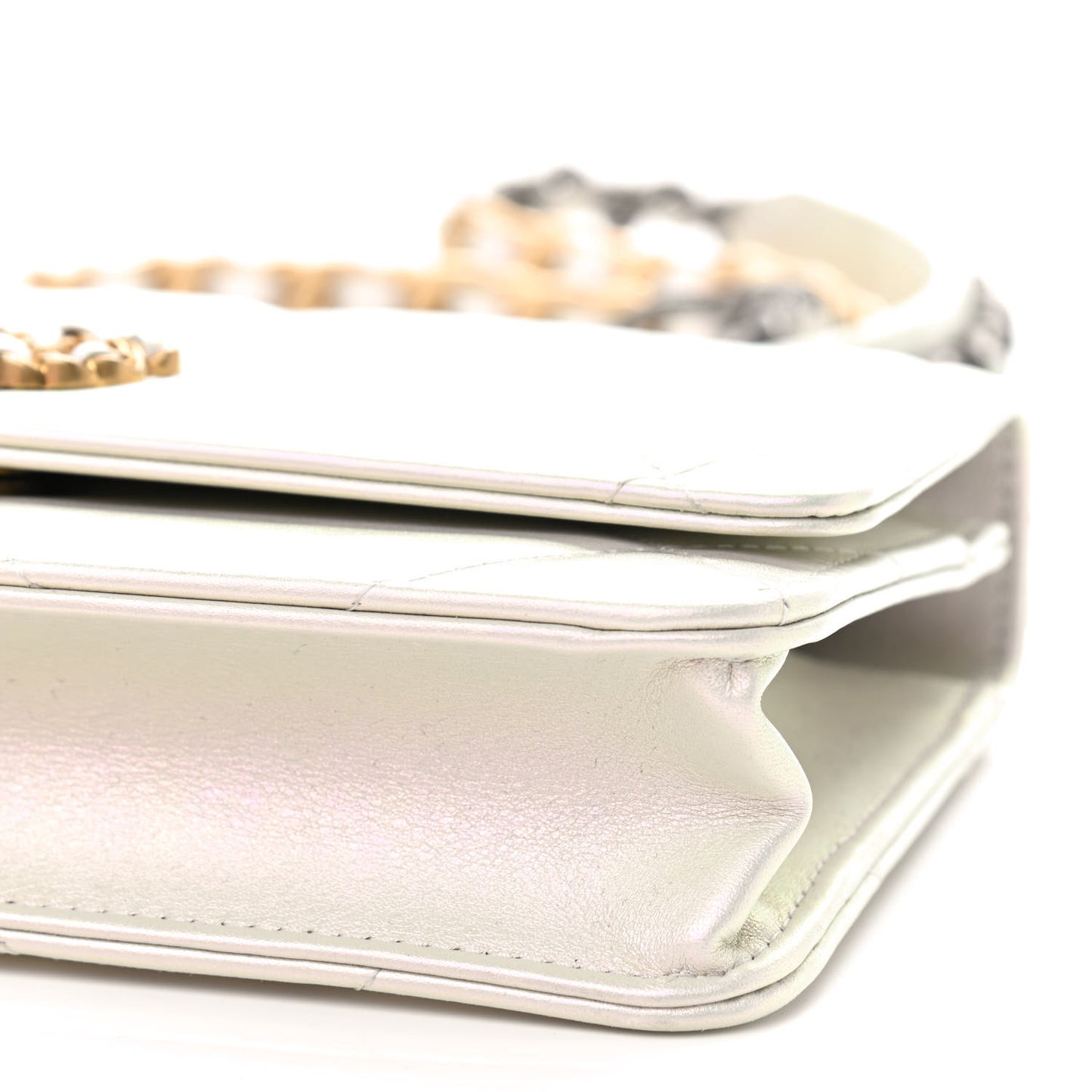 Iridescent Calfskin Quilted Chanel 19 Wallet On Chain WOC White