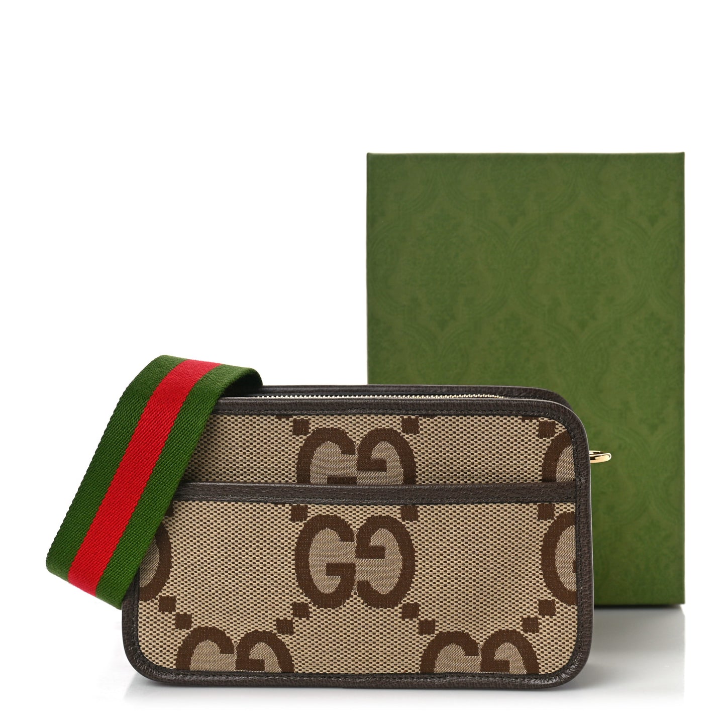 Monogram Jumbo GG Textured Dollar Calfskin Web Mini Crossbody Bag Camel Ebony New Acero
