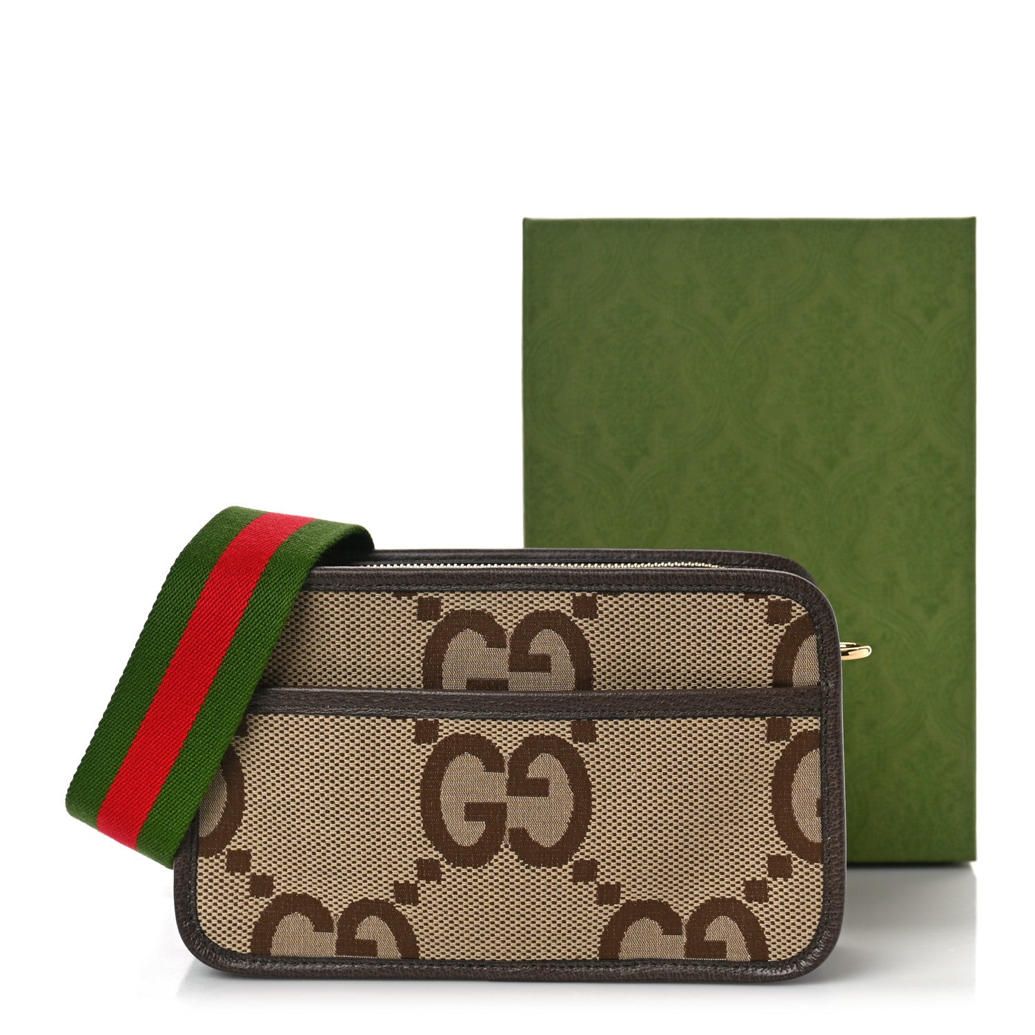 Gucci Monogram Jumbo GG Textured Dollar Calfskin Web Mini Crossbody Bag Camel Ebony New Acero 9 of 9