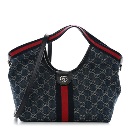 Gucci Denim GG Monogram Web Small Giglio Tote Blue White 1 of 9