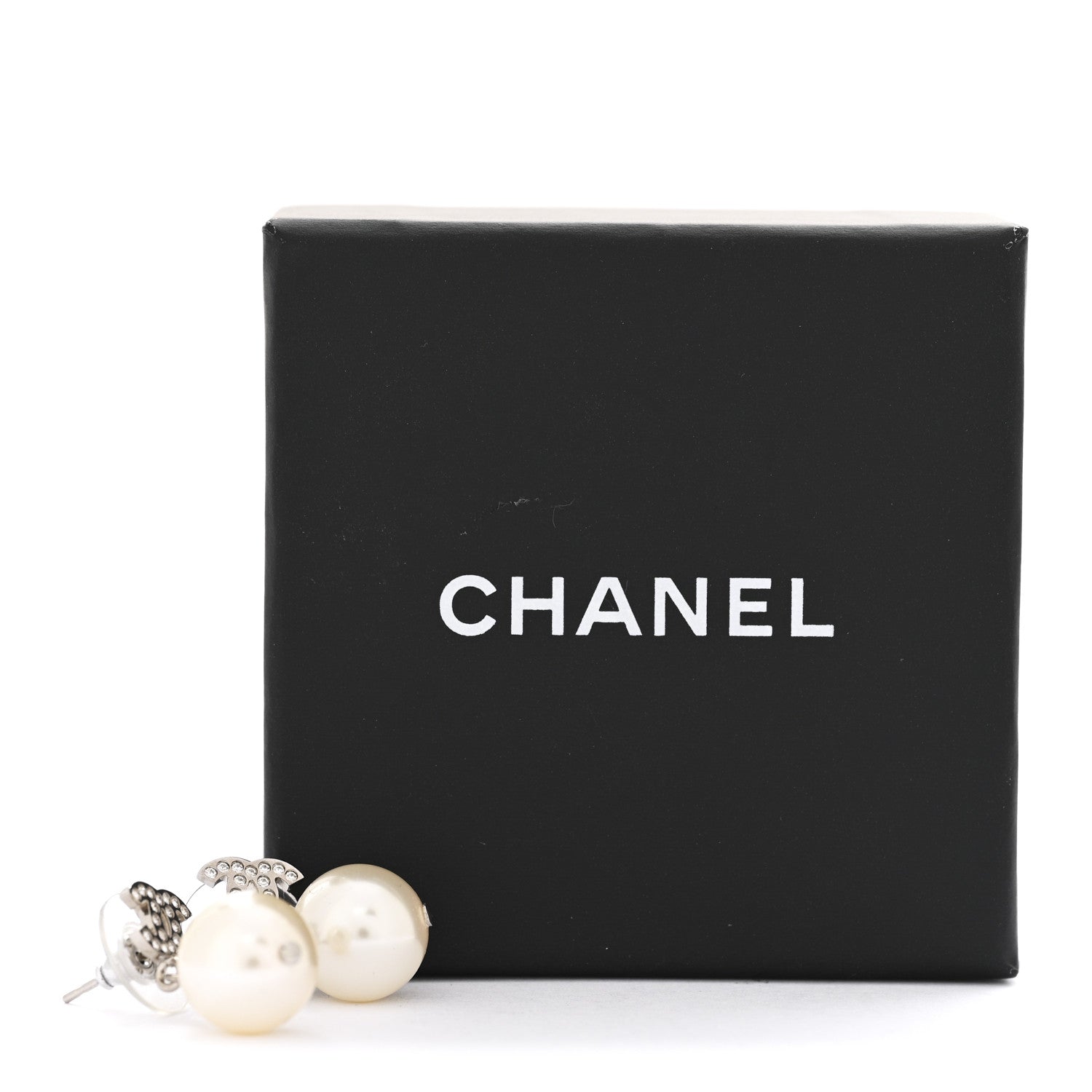 Chanel Crystal Pearl CC Drop Earrings Silver Pearly White 5 of 5