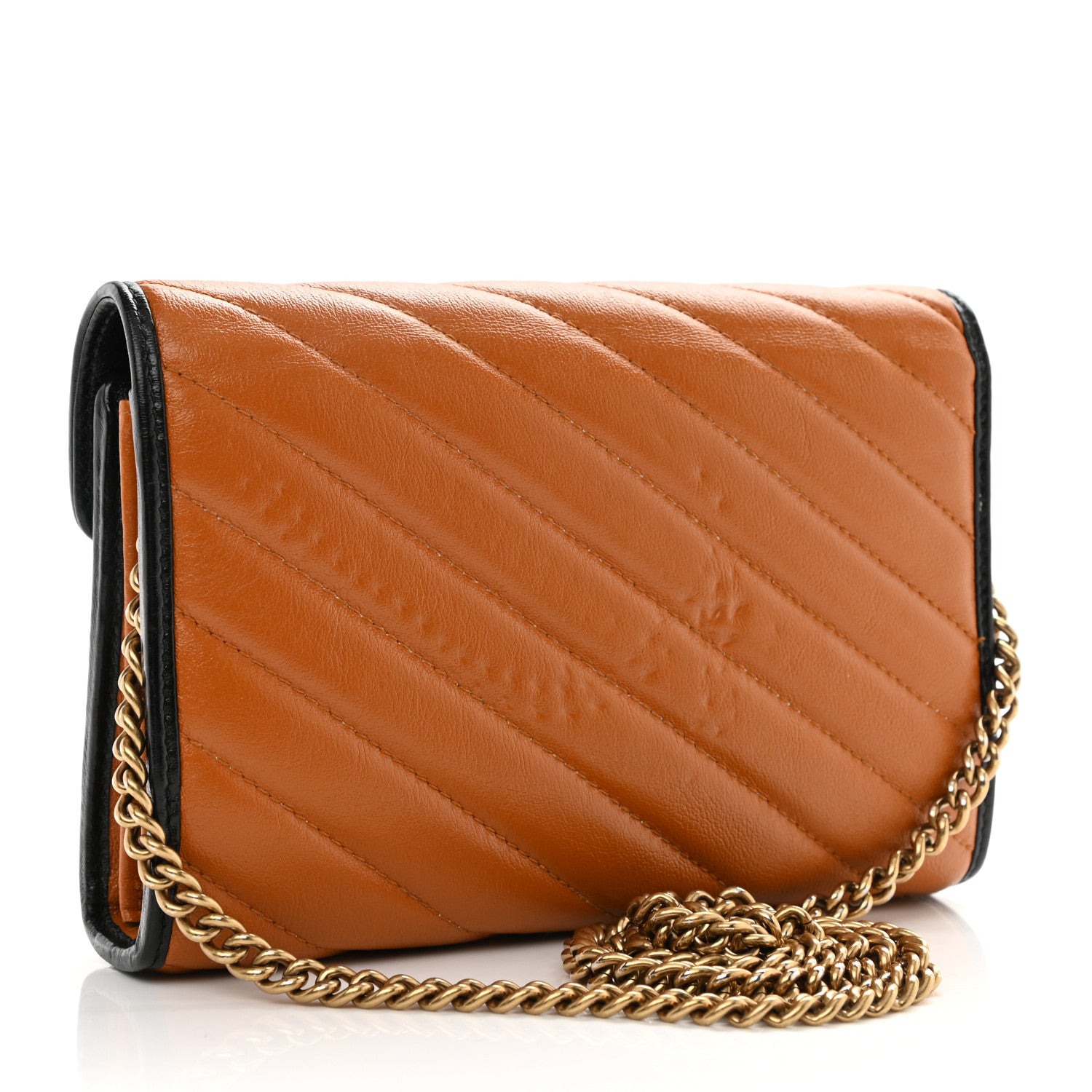 Gucci Vintage Effect Calfskin Matelasse Diagonal Torchon GG Marmont Chain Wallet Cognac 3 of 9
