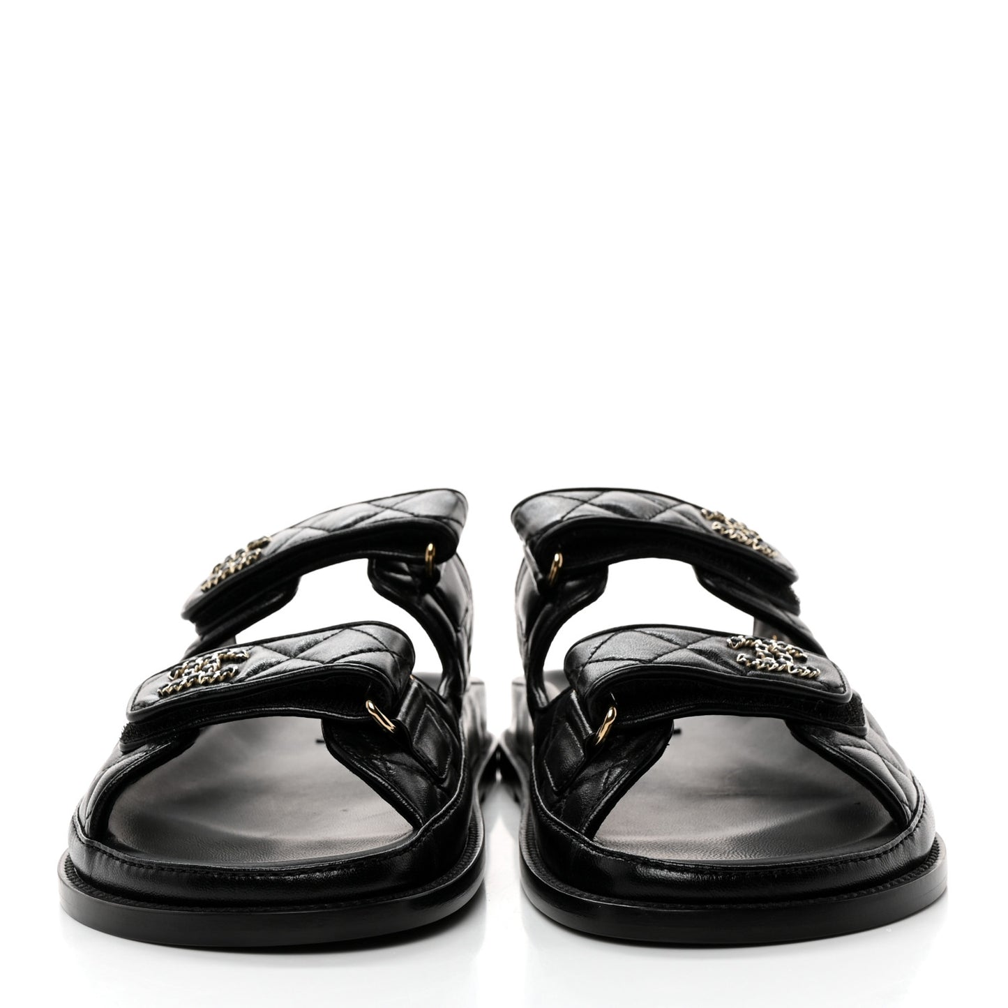 Lambskin Quilted Velcro Dad Chain CC Slide Sandals 40 Black
