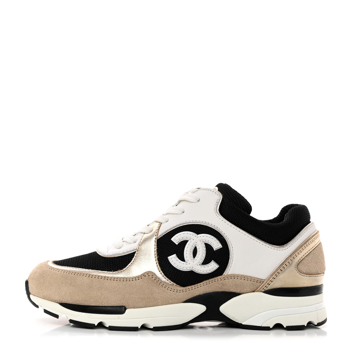 Mesh Suede Calfskin Womens CC Sneakers 39 White Black Beige Gold