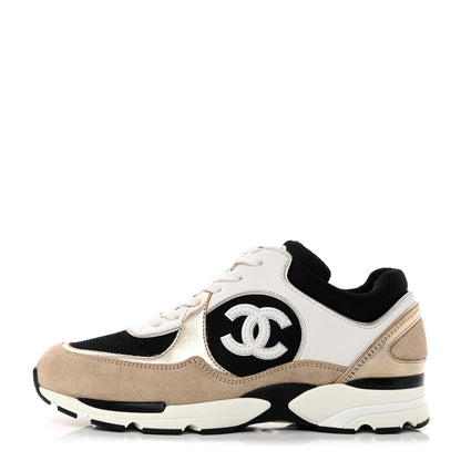 Chanel Mesh Suede Calfskin Womens CC Sneakers 39 White Black Beige Gold 1 of 9