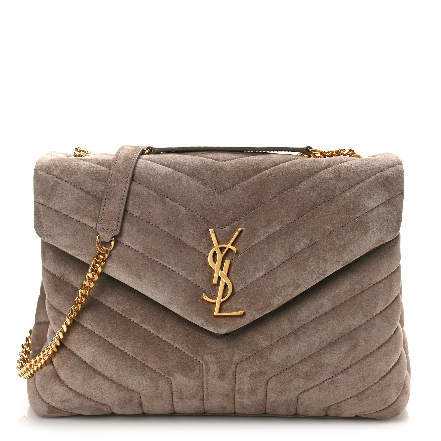 Saint Laurent Suede Y Quilted Monogram Medium Loulou Chain Satchel Taupe 1 of 8