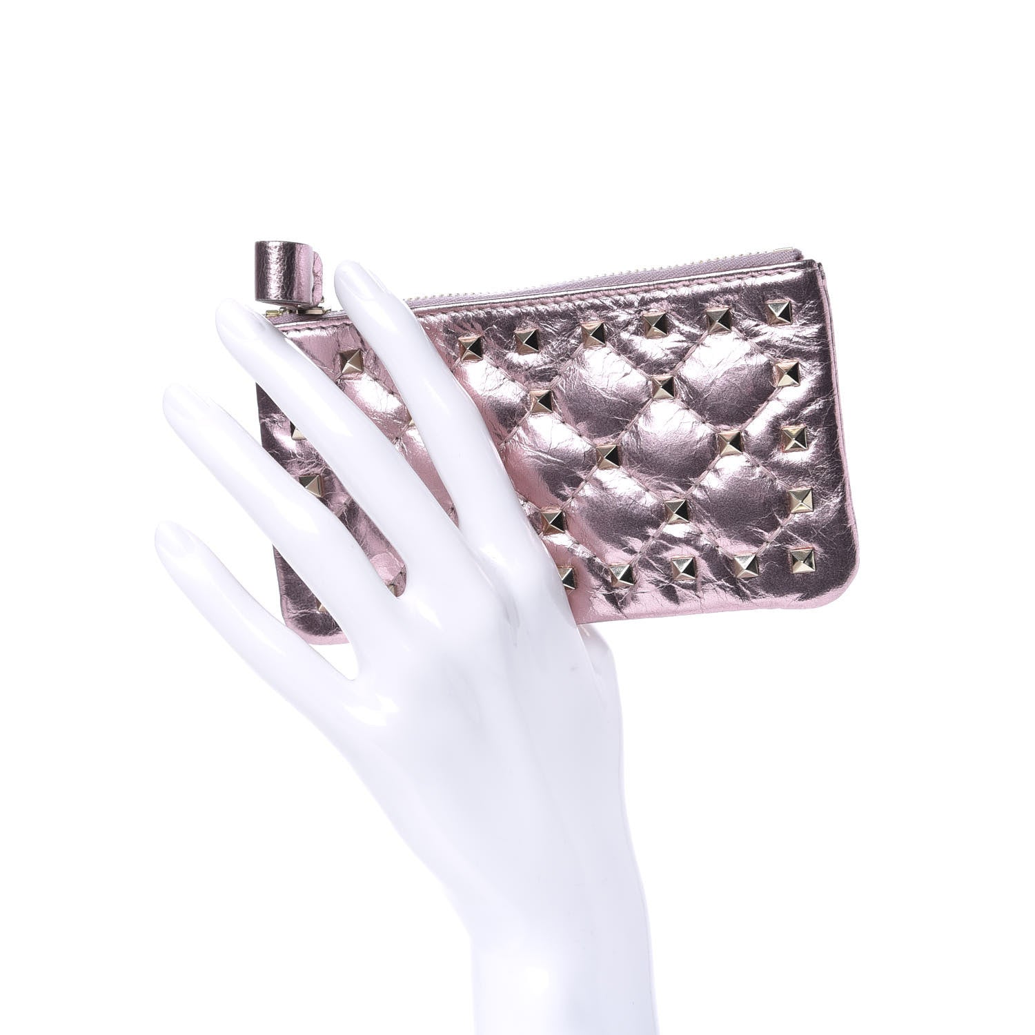 Valentino Garavani Metallic Wrinkled Lambskin Rockstud Spike Zip Coin Purse Lipstick 2 of 6