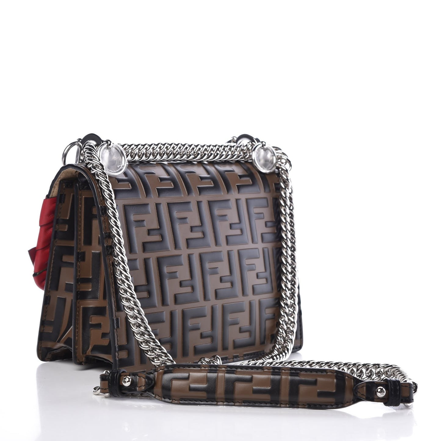 Vitello Shiny Nappa Bi-Color FF 1974 Lace Up Bow Embossed Small Kan I Shoulder Bag Maya Black Fragola