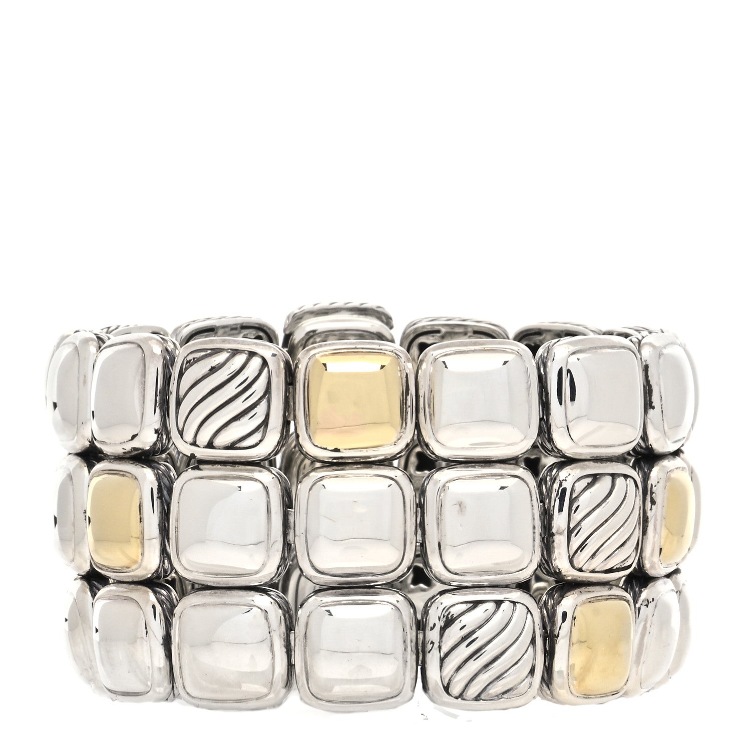 David Yurman Sterling Silver 18K Yellow Gold Chiclet Three Row Bracelet 1 of 5