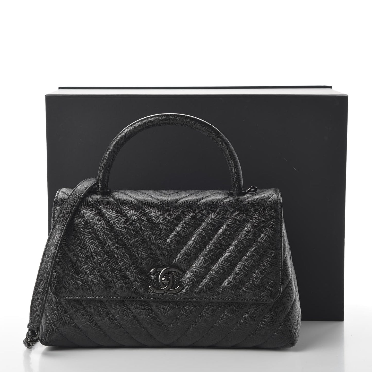 Caviar Chevron Quilted Small Coco Handle Flap So Black