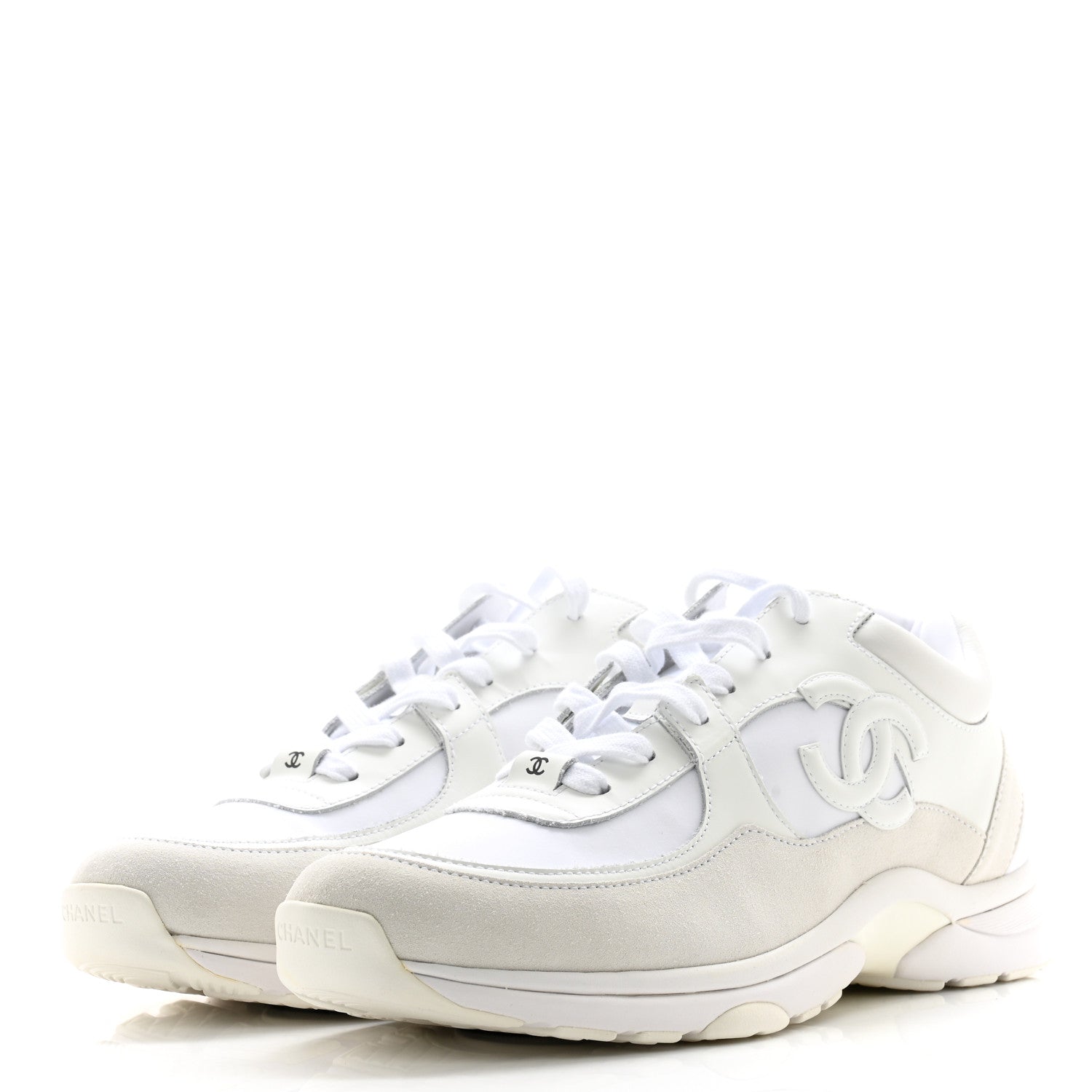Chanel Suede Calfskin Fabric Mens CC Sneakers 45 White 3 of 10