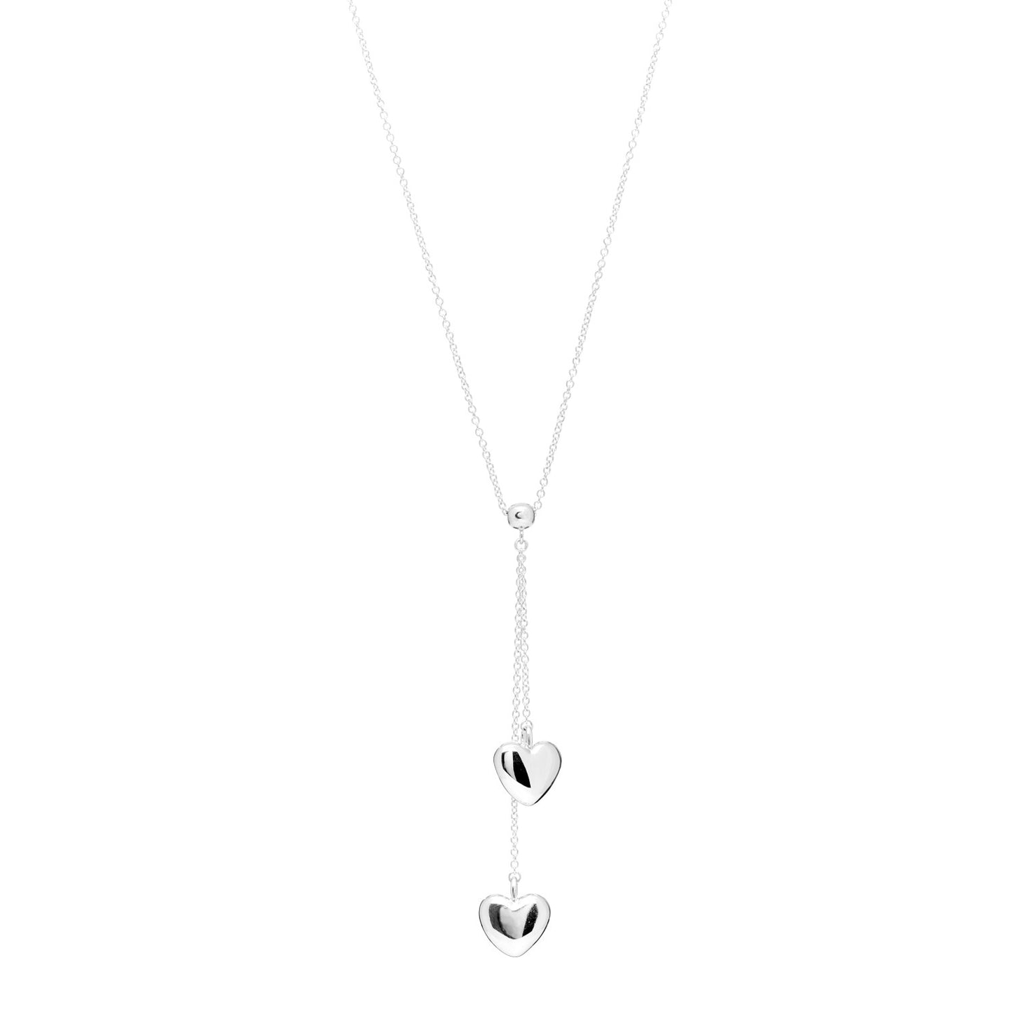Sterling Silver Double Heart Lariat Pendant Necklace